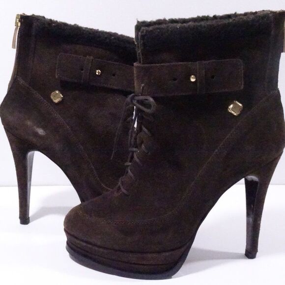 LIU JO Women's Brown Suede Shearling Fur Platform Lace Up High Ankle Boots Sz 37 - Picture 1 of 10